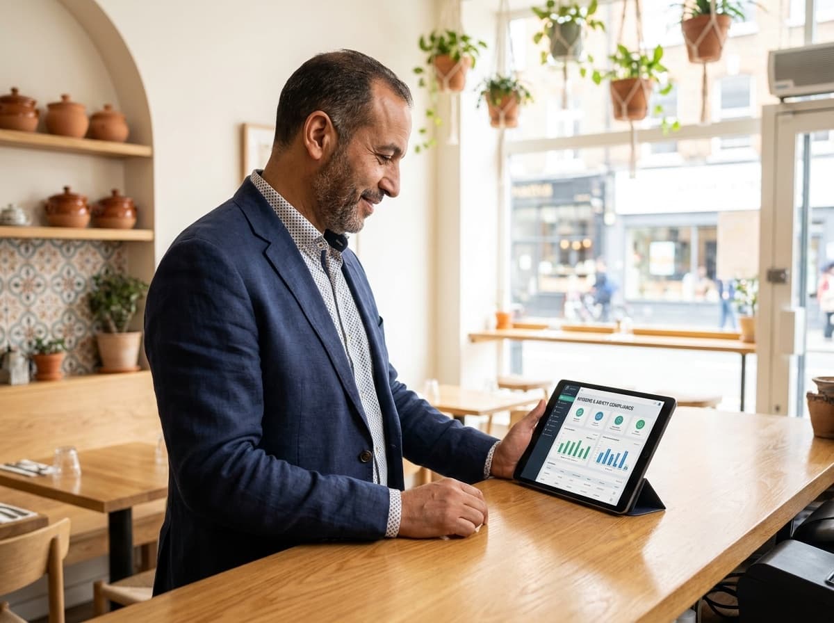 Un gérant consulte le score de conformité de son restaurant sur tablette