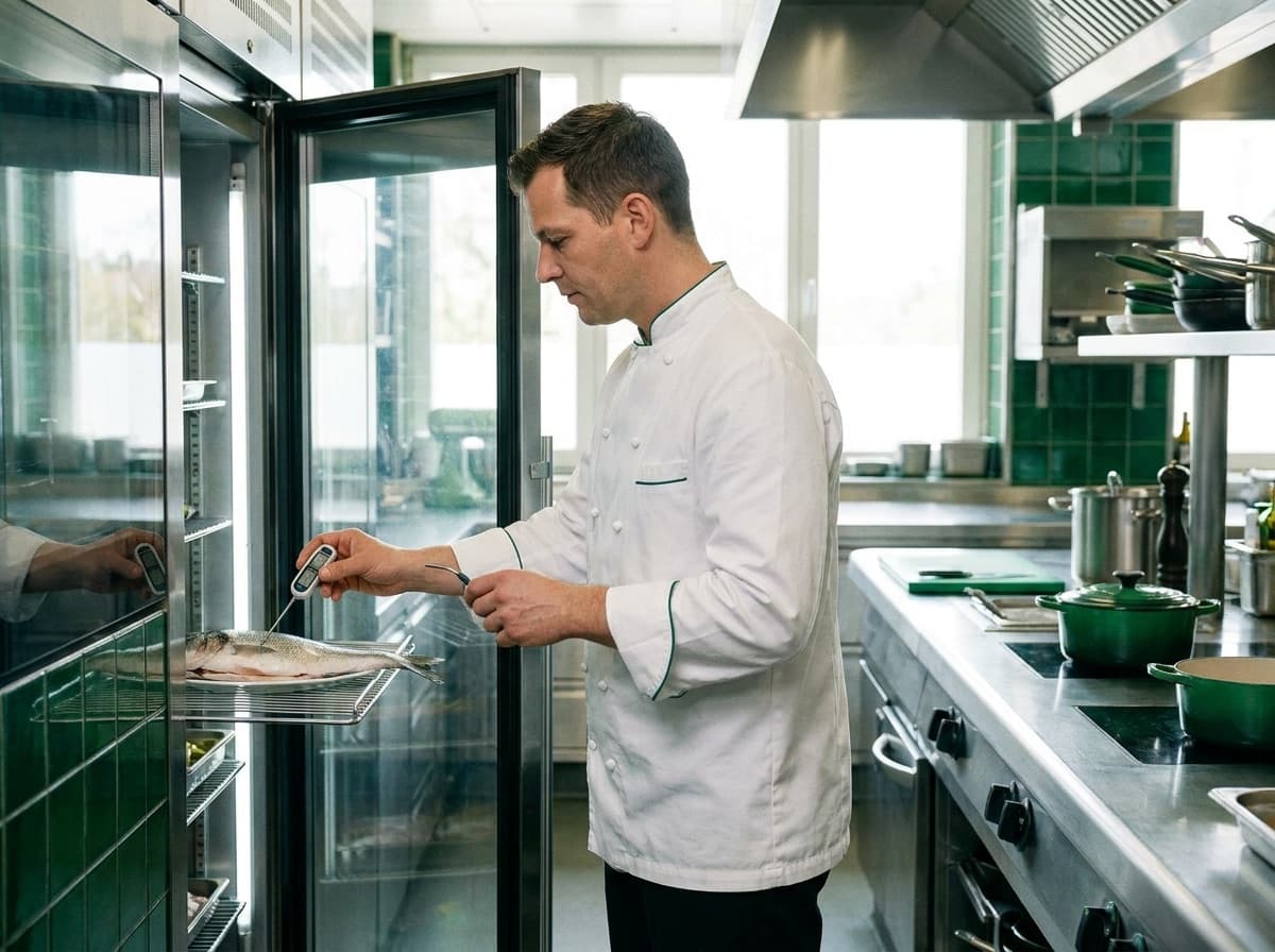 Un chef contrôle la température d'une armoire réfrigérée avec une sonde